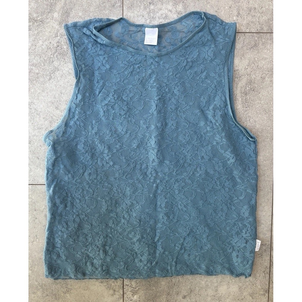 Y2K DKNY Sheer Lace Tank Top Sz L  Blue Floral Mesh Fairy Grunge Boho Festival